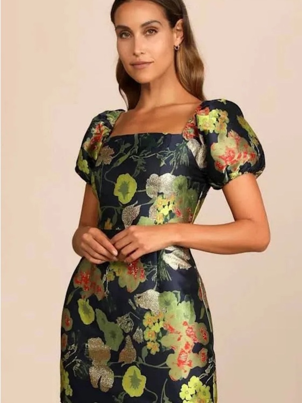 Lulu's Navy Floral Square-Neck Puff Sleeve Dress with Gold Accents